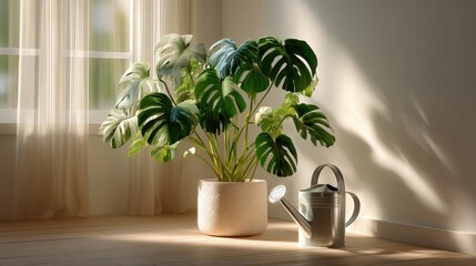 Poster - A large monstera deliciosa plant in a textured beige pot sits on a light wood floor near a sheer curtain, bathed in sunlight; a metal watering can rests nearby. : Generative AI