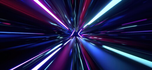 Fototapete - Abstract neon light streaks converge at a central vanishing point, creating a dynamic and futuristic tunnel effect with vibrant pink, blue, and purple hues. : Generative AI
