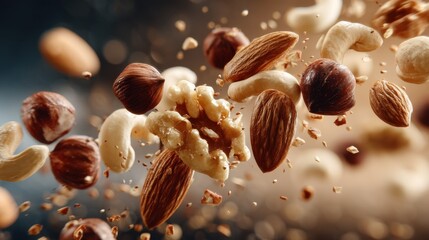 Poster - A captivating mid-air display of assorted nuts: almonds, hazelnuts, cashews, and walnuts, captured in vibrant detail against a blurred background. : Generative AI
