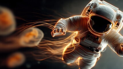 Poster - Astronaut in space suit floats amidst glowing orange energy trails and jellyfish-like bioluminescent organisms, a surreal cosmic scene. : Generative AI