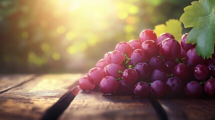Poster - A cluster of ripe red grapes rests on a rustic wooden table, bathed in warm sunlight, with a blurred green vineyard background. : Generative AI