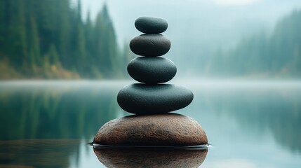 Poster - Serene Stack of Stones Balanced on Lake Rock, Misty Forest Background : Generative AI