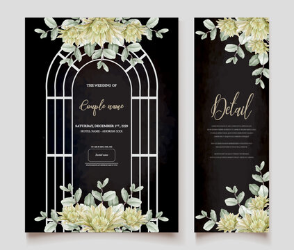 WEDDING INVITATION FRAME WITH FLOWER DECORATIONS AND FRESH LEAVES