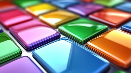 Aufkleber - Close-up view of vibrant, glossy squares in assorted colors arranged in a grid pattern, showcasing a spectrum of hues and reflective surfaces. : Generative AI