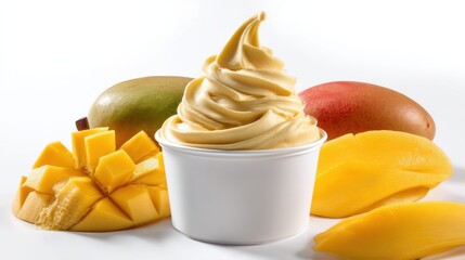 Poster - A refreshing cup of mango frozen yogurt sits beside juicy mango slices and whole mangoes, ready to be enjoyed on a hot summer day. : Generative AI