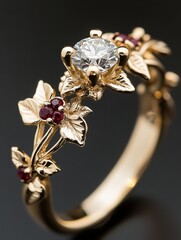 Aufkleber - Elegant gold ring adorned with a brilliant diamond and ruby accents, featuring a floral design with meticulously crafted leaves and blossoms. : Generative AI