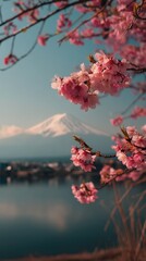 Aufkleber - Pink cherry blossoms in full bloom, delicately framing a distant view of Mount Fuji, serene lake, and a tranquil cityscape. : Generative AI