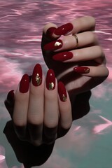 Poster - Close-up shot of elegant female hands showcasing a burgundy manicure with gold leaf accents, set against a soft pink and teal background. : Generative AI