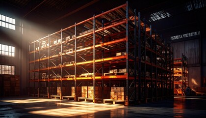 Poster - Dramatic Industrial Racking System Illuminated by Shadows and Light