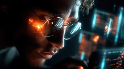 Aufkleber - Close-up portrait of a young man wearing glasses, illuminated by warm orange and cool blue light, focused intently on a computer screen filled with code. : Generative AI