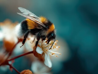 Aufkleber - A fuzzy bumblebee, with yellow and black stripes, delicately feeds on the pollen of a pristine white flower, its wings slightly spread, against a blurred teal background. : Generative AI