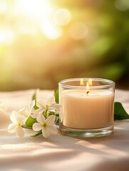 Aufkleber - A lit candle in a glass holder sits on a soft fabric next to delicate white jasmine flowers, bathed in warm sunlight. : Generative AI