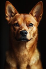Poster - Portrait of a ginger dog, looking directly at the camera, dark background, illuminated fur, expressive eyes, canine, pet, animal, mammal : Generative AI
