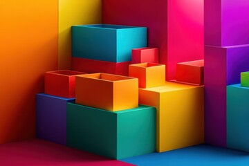 Fototapete - Abstract composition of vibrant colorful boxes and cubes arranged in a dynamic, geometric pattern, creating a modern and playful visual display. : Generative AI