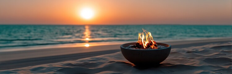 Poster - Serene sunset beach scene with a small fire burning in a stone bowl on the sand, ocean waves gently lapping the shore. : Generative AI