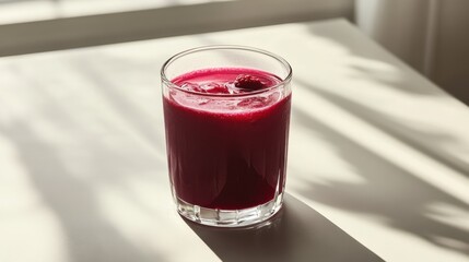 Poster - Refreshing raspberry juice in a glass on a bright table, illuminated by sunlight streaming through a window, creating soft shadows. : Generative AI