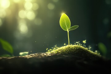 Poster - A single vibrant green sprout emerges from mossy earth, bathed in soft sunlight filtering through a blurred forest background, symbolizing new life and growth. : Generative AI