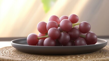 Poster - A cluster of ripe red grapes rests on a dark gray plate, bathed in soft sunlight streaming through a nearby window. : Generative AI