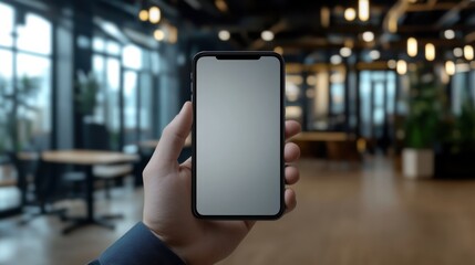 Poster - Person holding smartphone with blank screen in modern office environment, showcasing app mockup or website design possibilities. : Generative AI