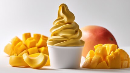 Aufkleber - A refreshing cup of mango soft serve ice cream sits beside chunks of ripe mango fruit, creating a vibrant summer dessert scene. : Generative AI