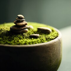 Poster - Serene stones balanced on moss in a rustic brown bowl, creating a tranquil zen garden scene perfect for meditation and mindfulness. : Generative AI