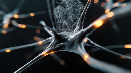 Poster - Microscopic view of a neuron with glowing synapses and smoke-like substance, detailed 3D rendering of neural network activity. : Generative AI