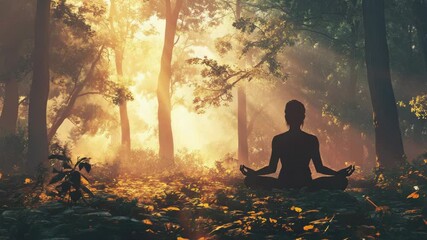 Poster - A person sits alone in the center of a dense forest, surrounded by trees and foliage