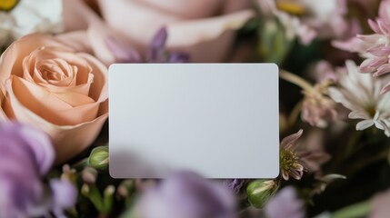Poster - Blank white card nestled amongst peach roses, lavender, and daisies; a delicate floral arrangement creates a soft, romantic backdrop. : Generative AI