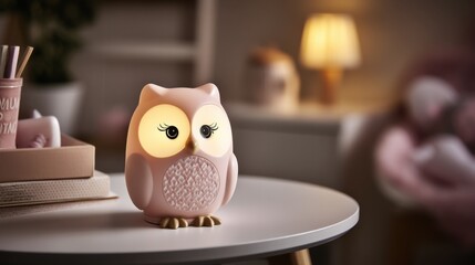 Poster - Adorable pink owl nightlight illuminates a child's bedroom, creating a calming and whimsical atmosphere. The soft glow enhances the cozy ambiance of the room. : Generative AI