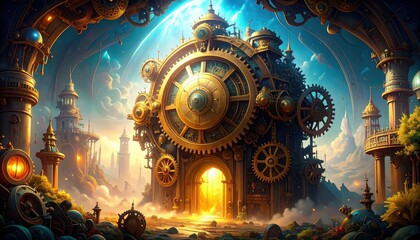 Poster - Intricate Steampunk Machine with Gears and Mechanisms in a Fantasy World