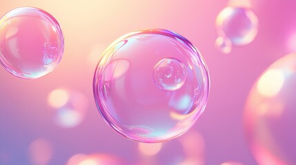 Aufkleber - Close-up view of iridescent soap bubbles floating against a soft pink and orange background, showcasing their translucent and reflective qualities. : Generative AI