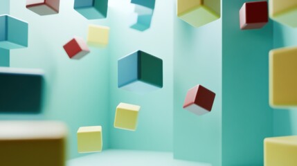 Fototapete - Floating colorful cubes in a teal room, a vibrant 3D rendered abstract image showcasing various shades of yellow, red, and blue cubes against a pastel green background. : Generative AI