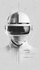 Poster - Monochrome depiction of a futuristic visage integrating hardware and digital interface