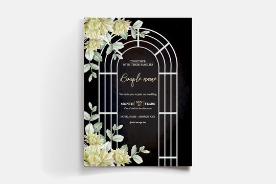 WEDDING INVITATION FRAME WITH FLOWER DECORATIONS AND FRESH LEAVES