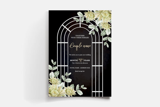WEDDING INVITATION FRAME WITH FLOWER DECORATIONS AND FRESH LEAVES