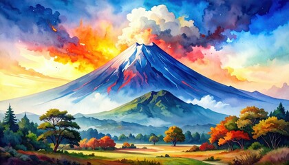 Poster - Serene Watercolor Landscape Before Volcanic Eruption at Sunset