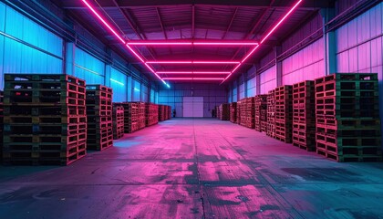 Poster - Warehouse with Weathered Pallets Under Neon Accents for Storage