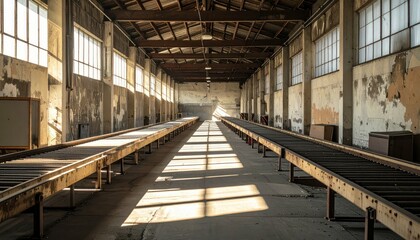 Poster - Weathered Conveyor Belts in Abandoned Industrial Warehouse Interior