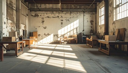 Poster - Weathered Furniture in an Empty Warehouse with Dramatic Shadows