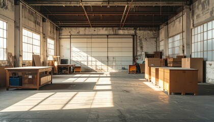 Poster - Weathered Furniture in Empty Warehouse with Dramatic Shadows and Light