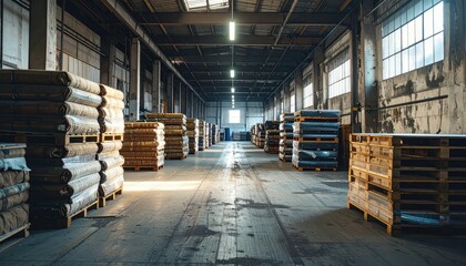 Poster - Weathered Textile Warehouse with Stacked Pallets in Ambient Light