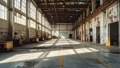 Poster - Weathered Warehouse with Automated Guided Vehicles in Dramatic Shadows