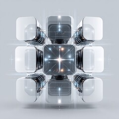 Poster - Abstract metallic cube with white components reflecting soft light and energy lines
