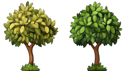 Two cartoon trees one in lush spring green the other in warm autumn yellow standing side by on transparent background