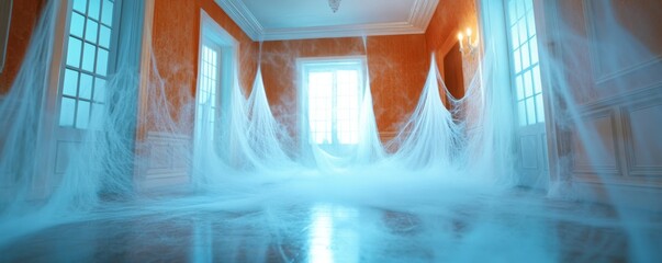 Poster - Ethereal Blue Fabric Drape Cascading Down - Elegant Texture, Flowing Material, Soft Blue Gradient, Abstract Background, Serene Composition.