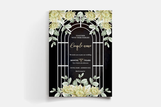 WEDDING INVITATION FRAME WITH FLOWER DECORATIONS AND FRESH LEAVES