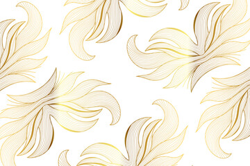 Wall Mural - Elegant gold leaves line wave abstract pattern background. Vector luxury design background. Flow curve dynamic banner. Floral luxury frame