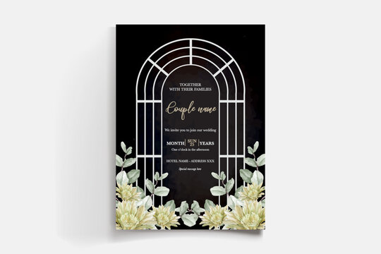 WEDDING INVITATION FRAME WITH FLOWER DECORATIONS AND FRESH LEAVES