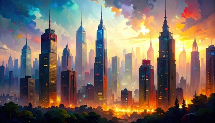 Poster - Vibrant Cityscape in Painterly Style with Expressive Brushstrokes