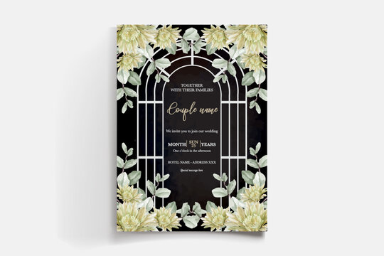 WEDDING INVITATION FRAME WITH FLOWER DECORATIONS AND FRESH LEAVES